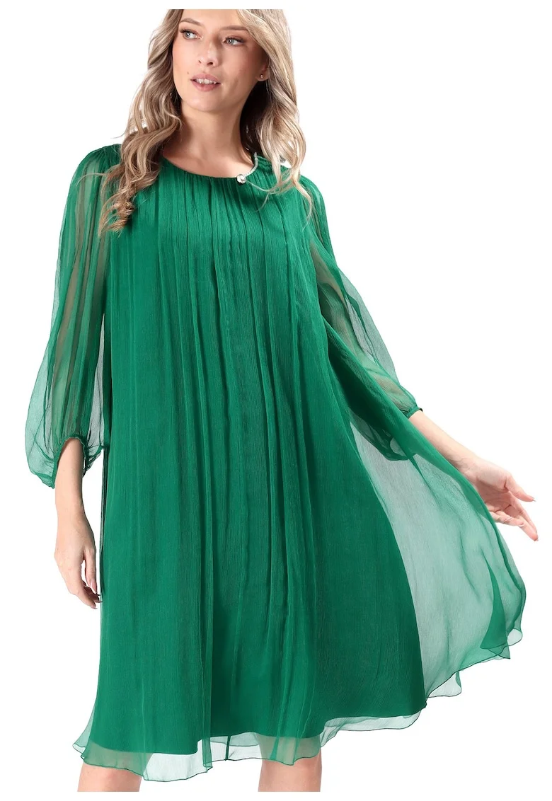 Rochie de cocktail din voal de matase naturala cu cristale la decolteu RVZ-YR, Verde
