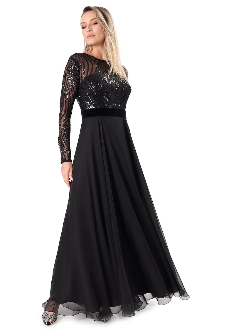 Rochie de seara lunga cu bustul din tul cu paiete R6P-PQ, Negru