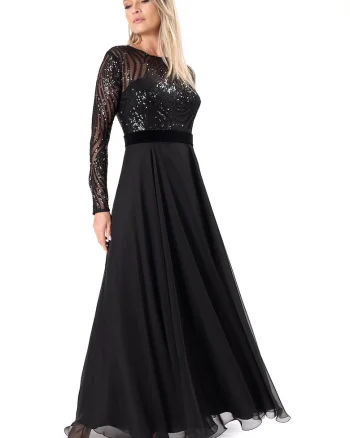 Rochie de seara lunga cu bustul din tul cu paiete R6P-PQ, Negru