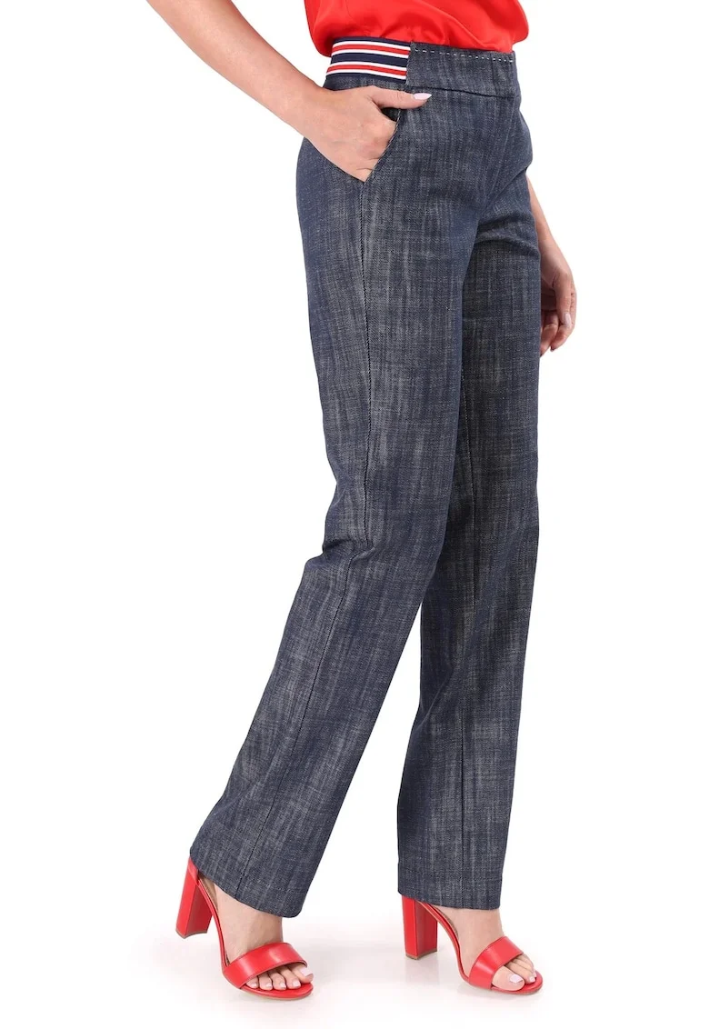 Pantaloni drepti din bumbac tip denim alb-ecru PPJ-CA, Bleumarin