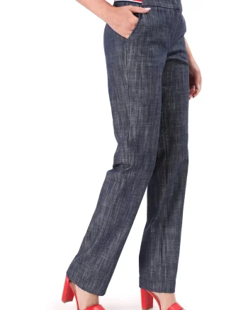 Pantaloni drepti din bumbac tip denim alb-ecru PPJ-CA, Bleumarin