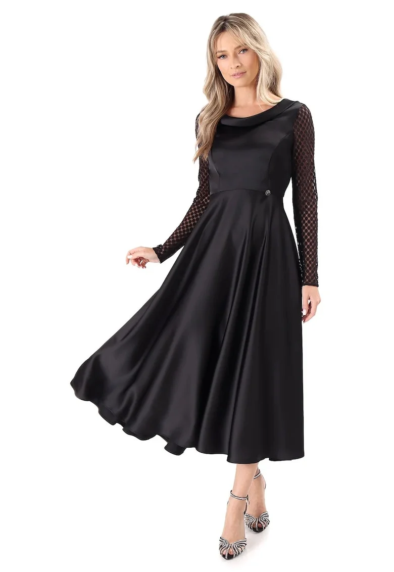 Rochie midi satinata cu maneci lungi din dantela RV6-4E, Negru