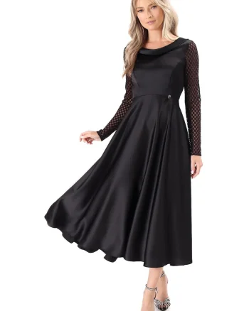 Rochie midi satinata cu maneci lungi din dantela RV6-4E, Negru