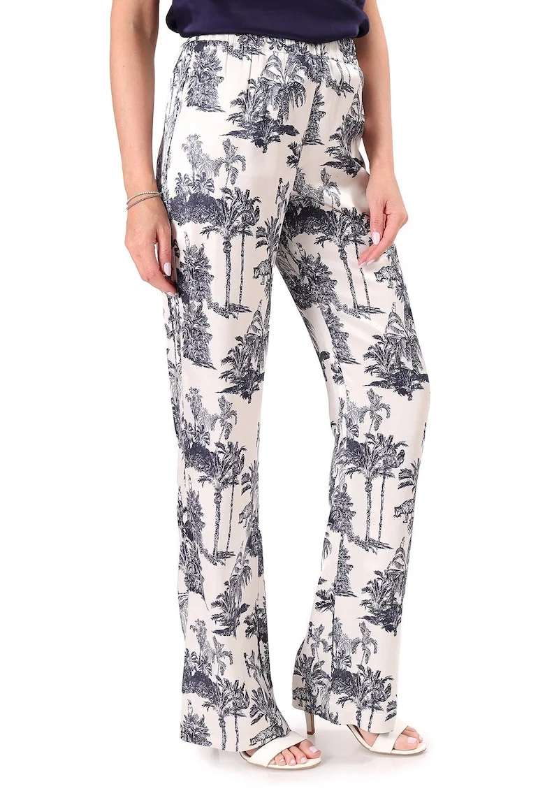 Pantaloni lejeri din satin de viscoza imprimata PBS-NC, Bleumarin