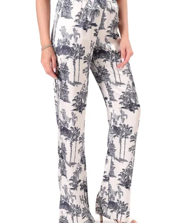 Pantaloni lejeri din satin de viscoza imprimata PBS-NC, Bleumarin