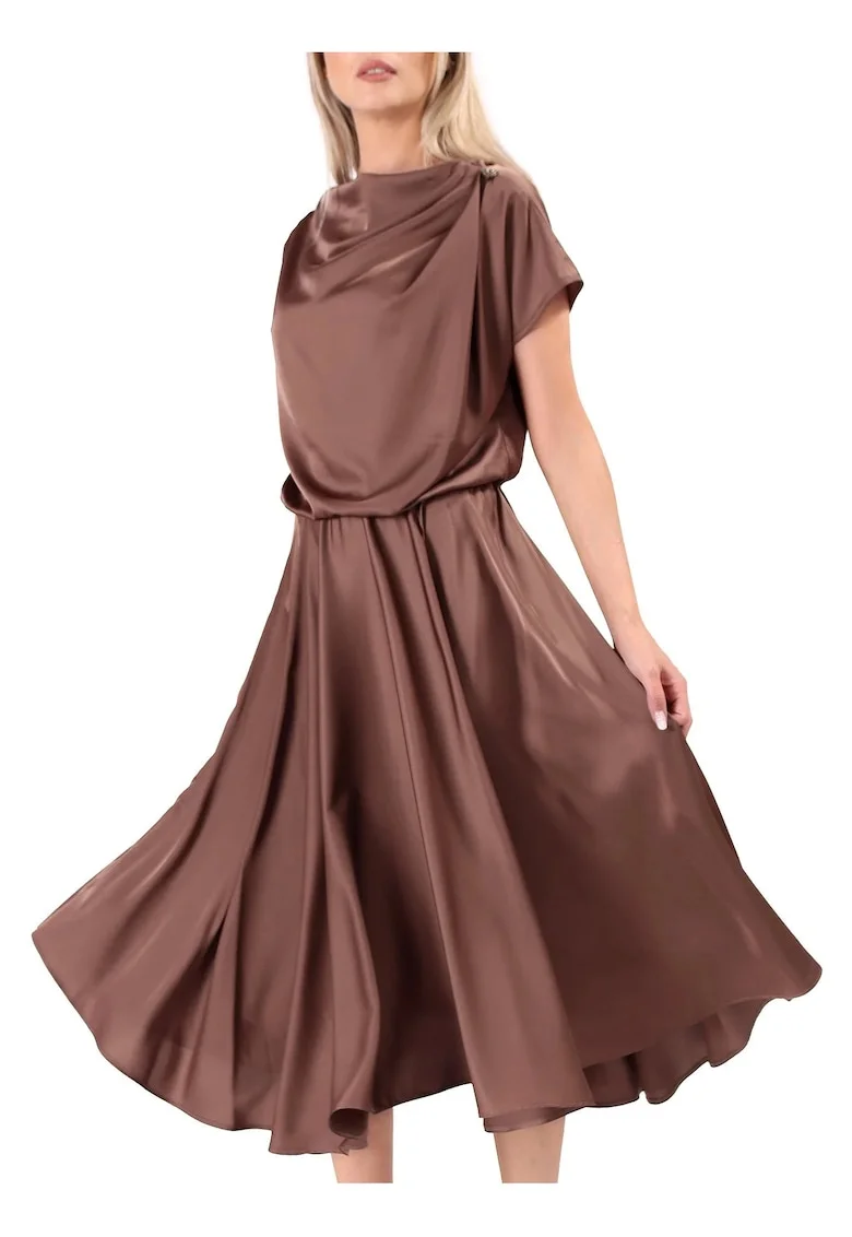 Rochie midi,  decolteu barcuta, negru, Maro