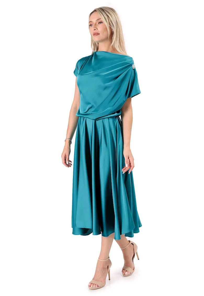 Rochie midi,  decolteu barcuta, negru, Turcoaz