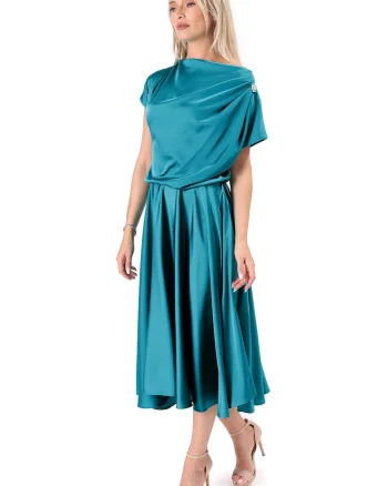 Rochie midi,  decolteu barcuta, negru, Turcoaz