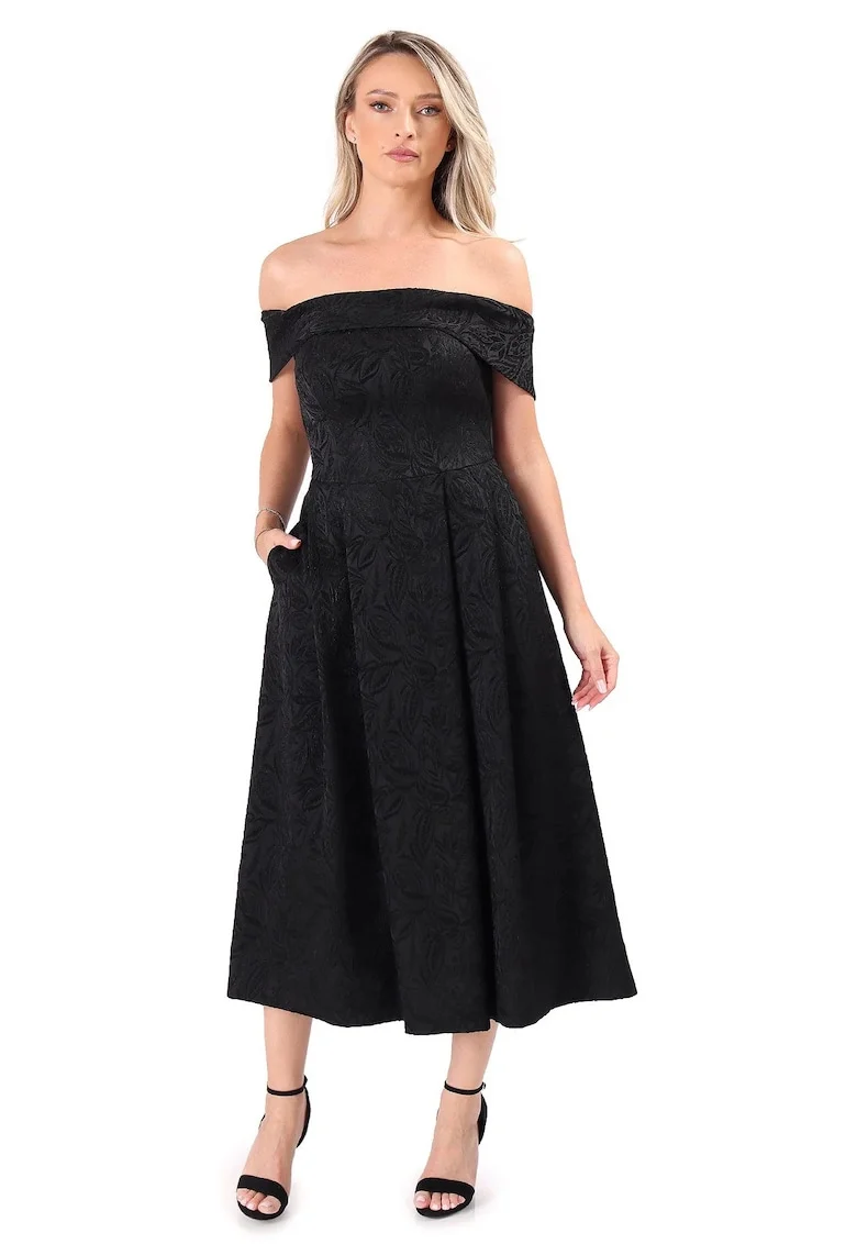 Rochie eleganta de seara cu umeri goi din brocart cu motive florale RVR, Negru