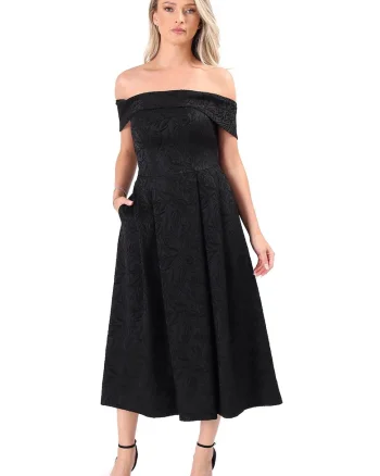 Rochie eleganta de seara cu umeri goi din brocart cu motive florale RVR, Negru