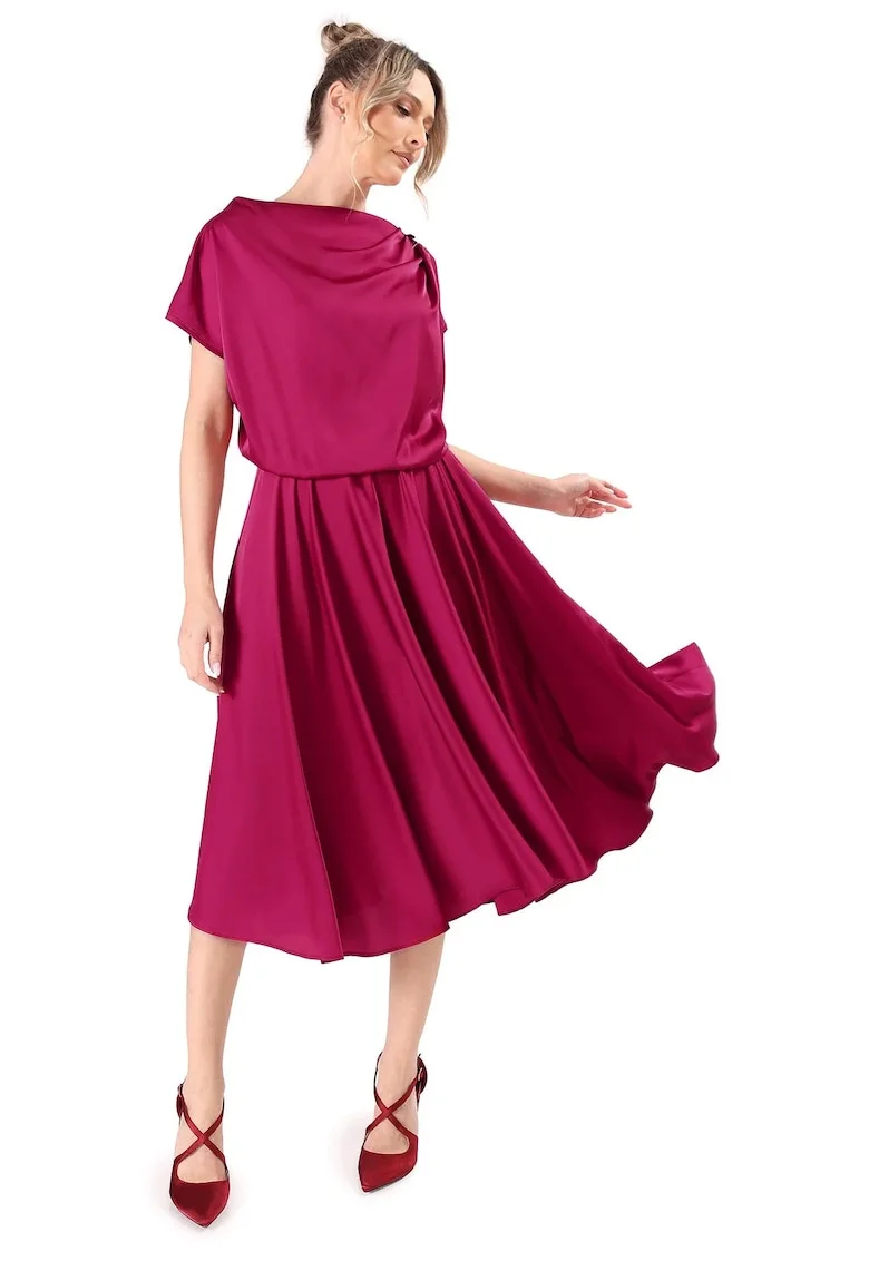 Rochie midi,  decolteu barcuta, negru, Rosu zmeuriu