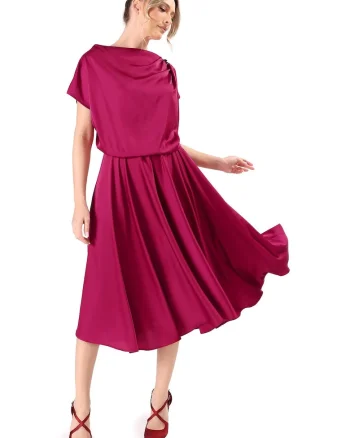 Rochie midi,  decolteu barcuta, negru, Rosu zmeuriu