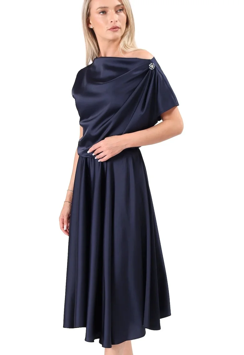 Rochie midi,  decolteu barcuta, negru, Bleumarin