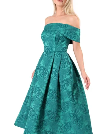 Rochie eleganta de seara cu umeri goi din brocart cu motive florale RVR, Verde