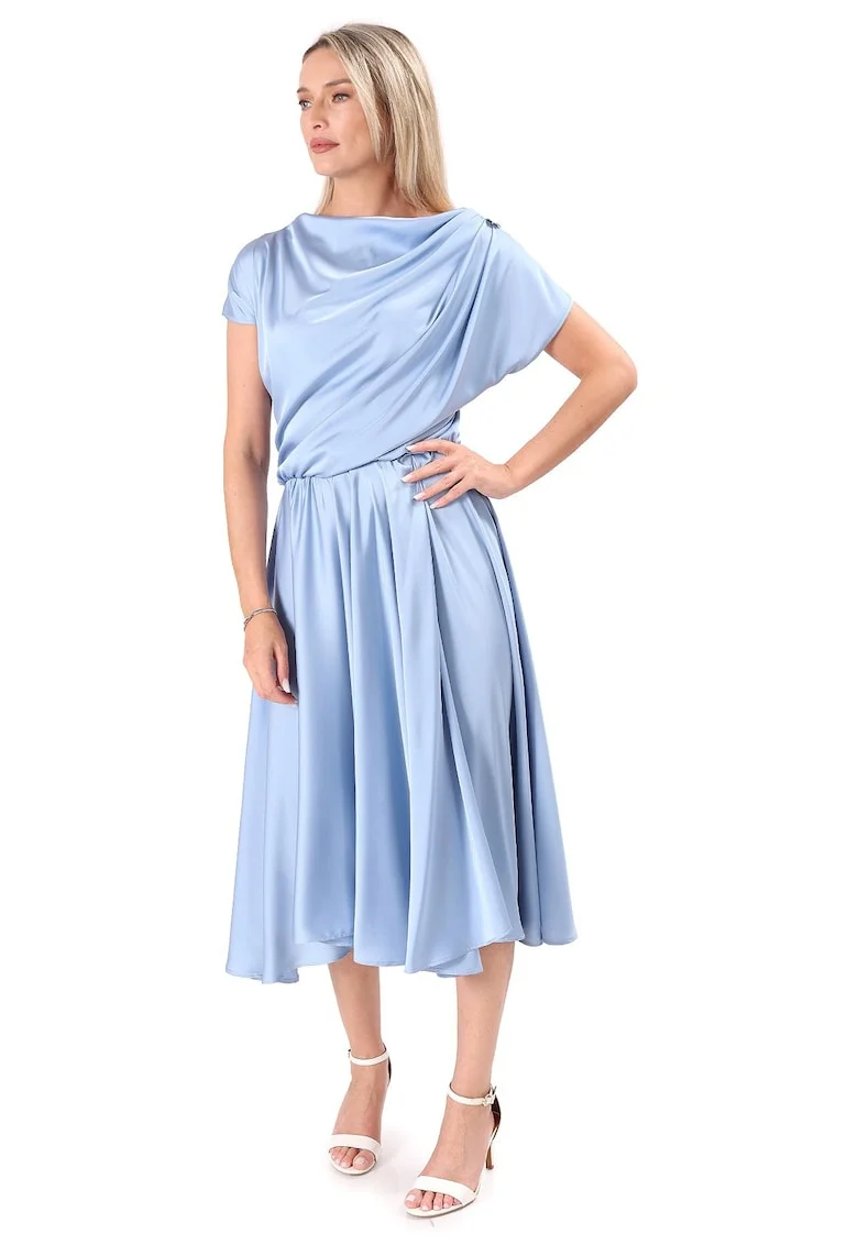 Rochie midi,  decolteu barcuta, negru, Albastru aquamarin