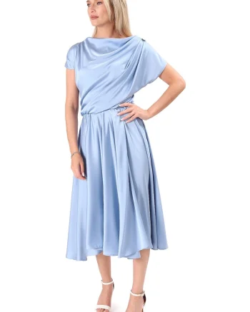 Rochie midi,  decolteu barcuta, negru, Albastru aquamarin