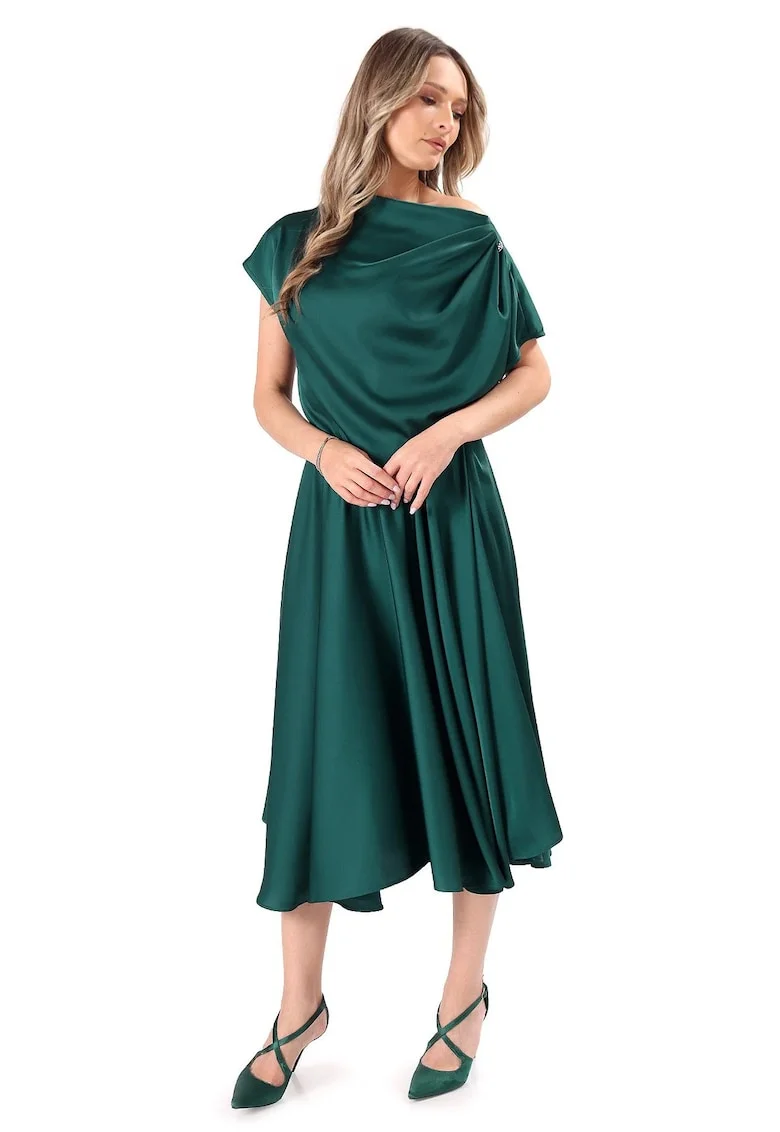 Rochie midi,  decolteu barcuta, negru, Verde padure