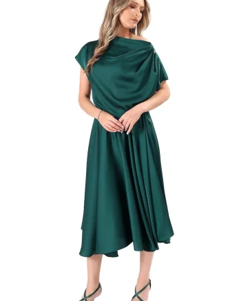 Rochie midi,  decolteu barcuta, negru, Verde padure