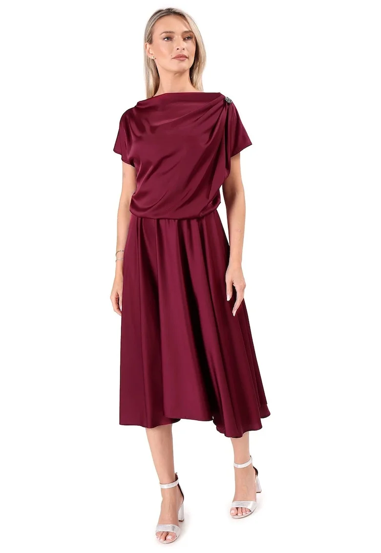 Rochie midi,  decolteu barcuta, negru, Rosu prafuit