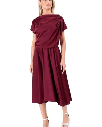 Rochie midi,  decolteu barcuta, negru, Rosu prafuit