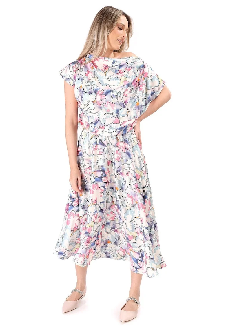 Rochie cu imprimeu si talie elastica, Roz
