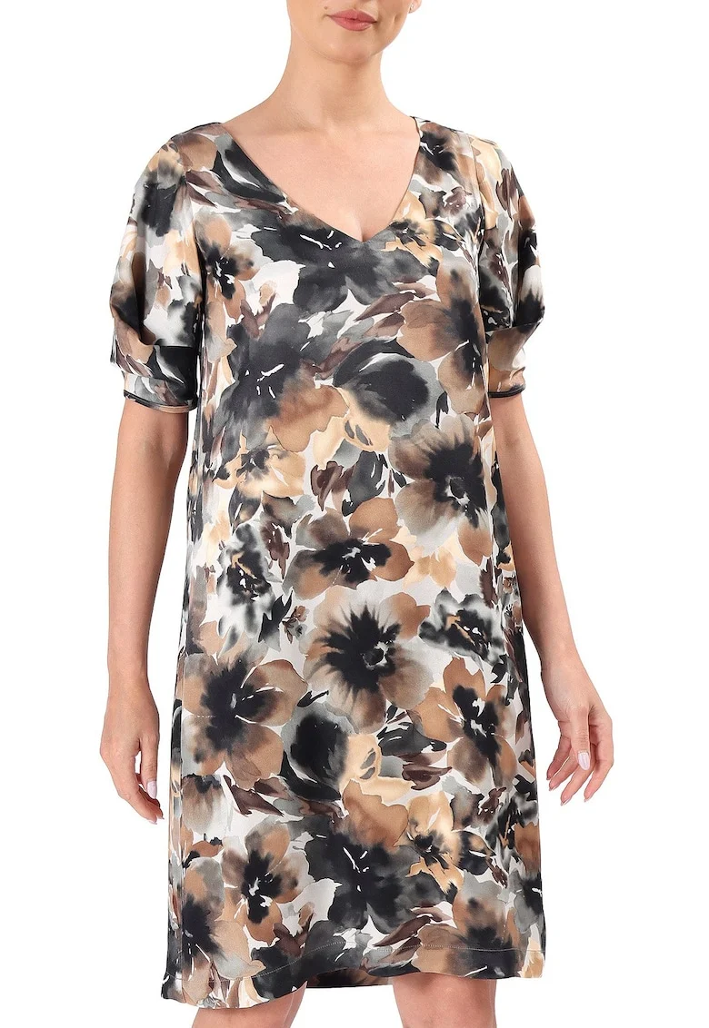 Rochie cu decolteu in V si imprimeu floral, Maro deschis