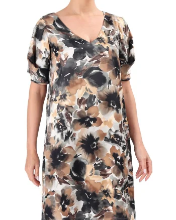 Rochie cu decolteu in V si imprimeu floral, Maro deschis