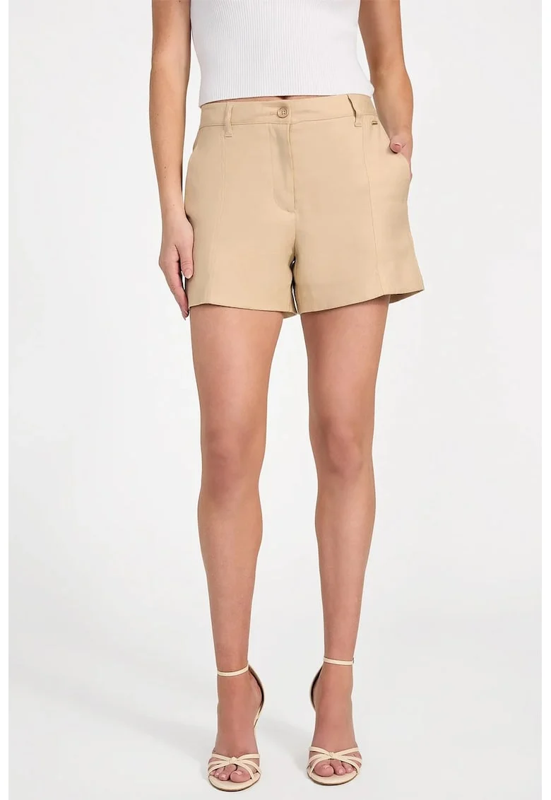 Pantaloni scurti din amestec de in si modal cu buzunare oblice, Bej