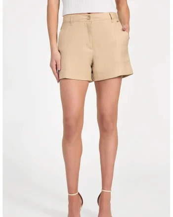 Pantaloni scurti din amestec de in si modal cu buzunare oblice, Bej