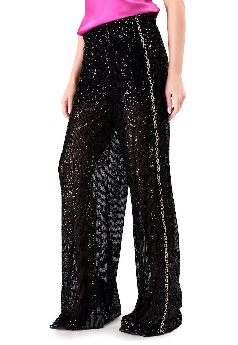 Pantaloni de seara din paiete fine cu lant auriu pe lateral dreapta PFO-TQ, Negru