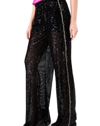 Pantaloni de seara din paiete fine cu lant auriu pe lateral dreapta PFO-TQ, Negru