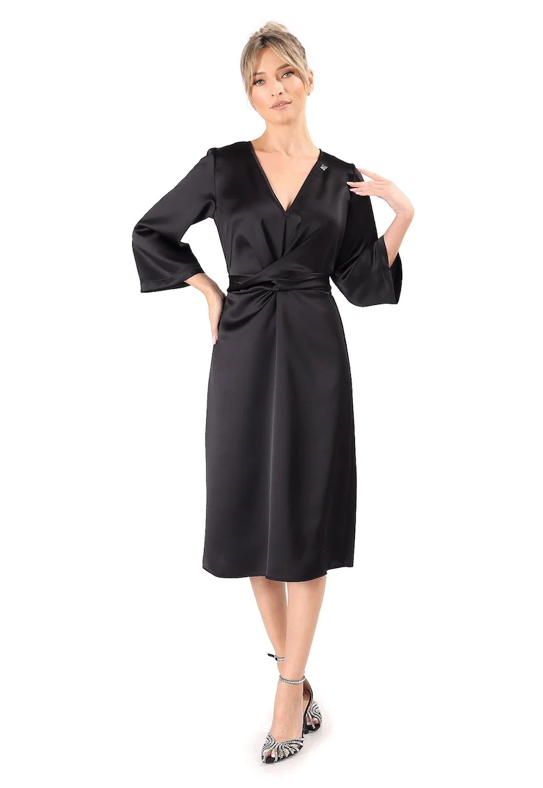 Rochie midi satinata cu cordon rasucit in talie RQF-4E, Negru