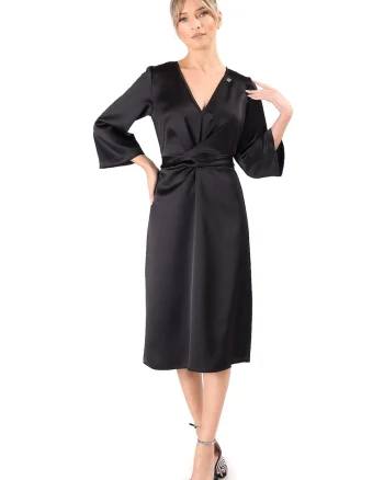 Rochie midi satinata cu cordon rasucit in talie RQF-4E, Negru