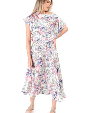 Rochie midi din viscoza cu motive florale si fir de effect RS9-IB, Roz