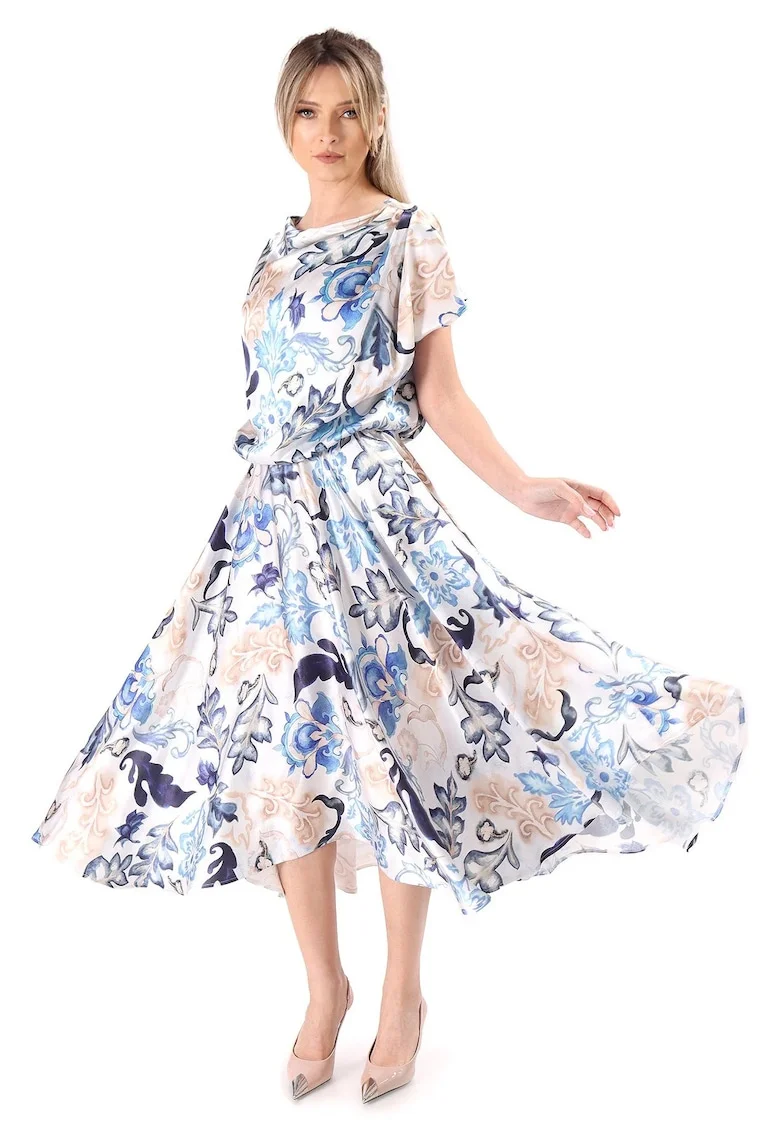 Rochie midi din viscoza satinata imprimata cu motive florale RS9-D6, Albastru