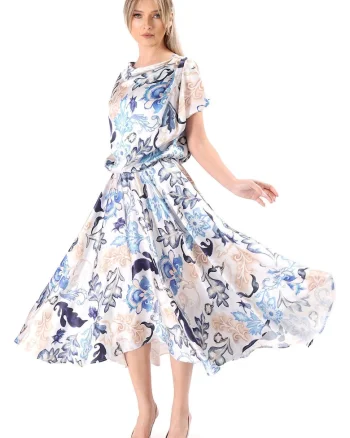 Rochie midi din viscoza satinata imprimata cu motive florale RS9-D6, Albastru