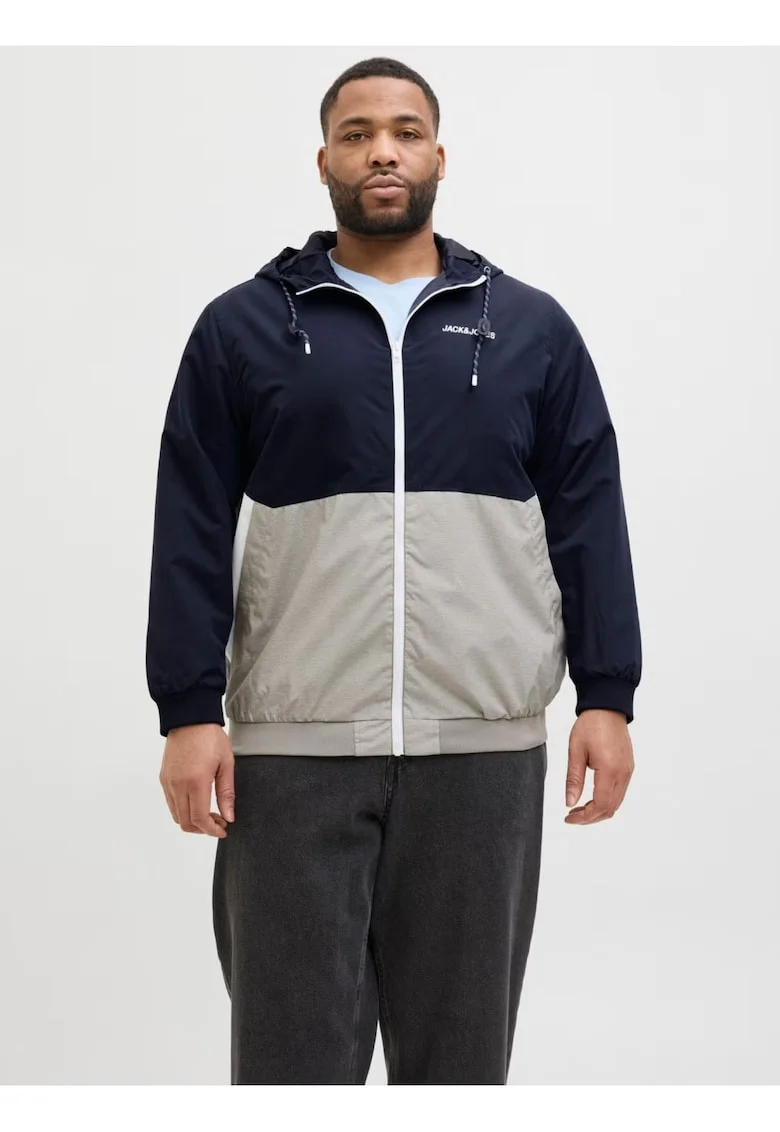 Plus Jacheta bomber cu gluga, barbati big sizes, JJERUSH, Gri/Bleumarin inchis