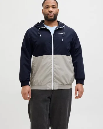Plus Jacheta bomber cu gluga, barbati big sizes, JJERUSH, Gri/Bleumarin inchis
