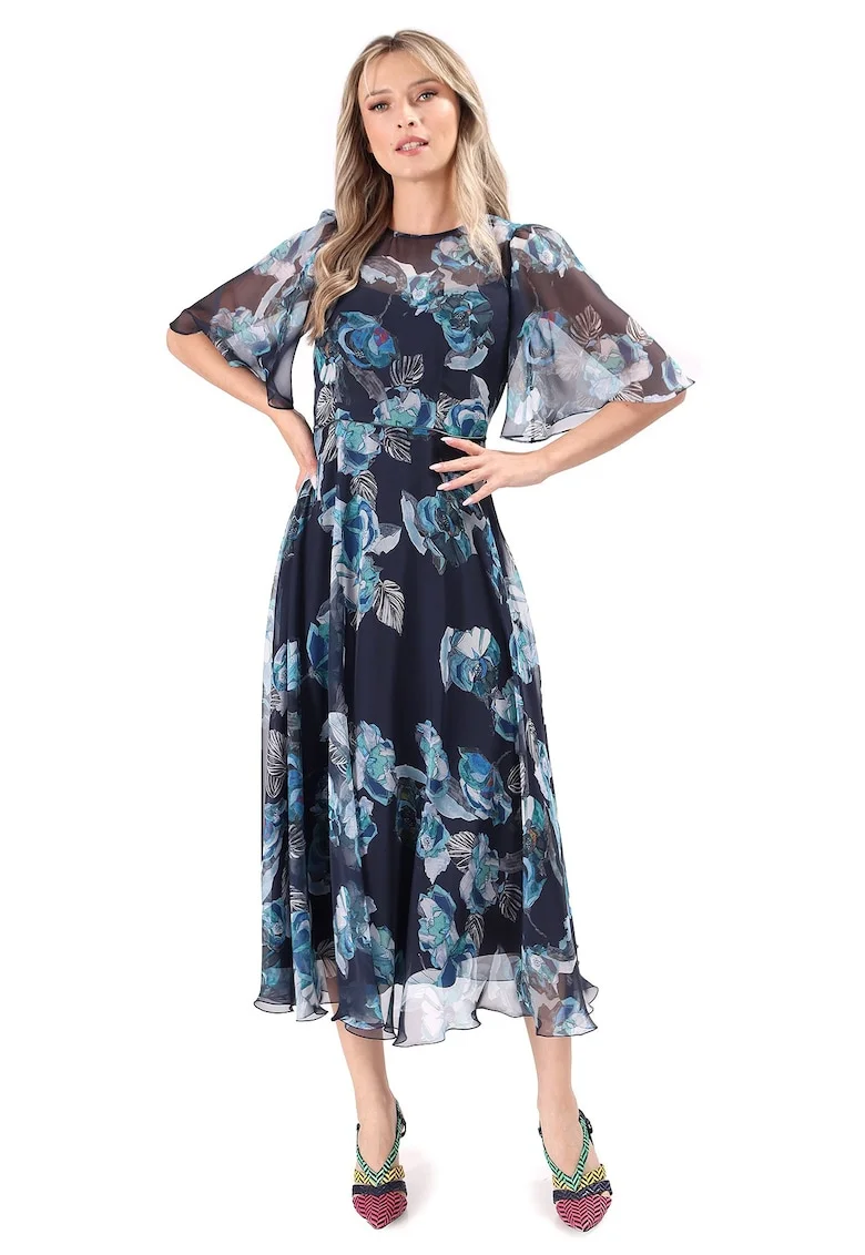 Rochie evazata cu maneci clopot, Albastru