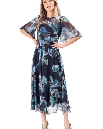 Rochie evazata cu maneci clopot, Albastru