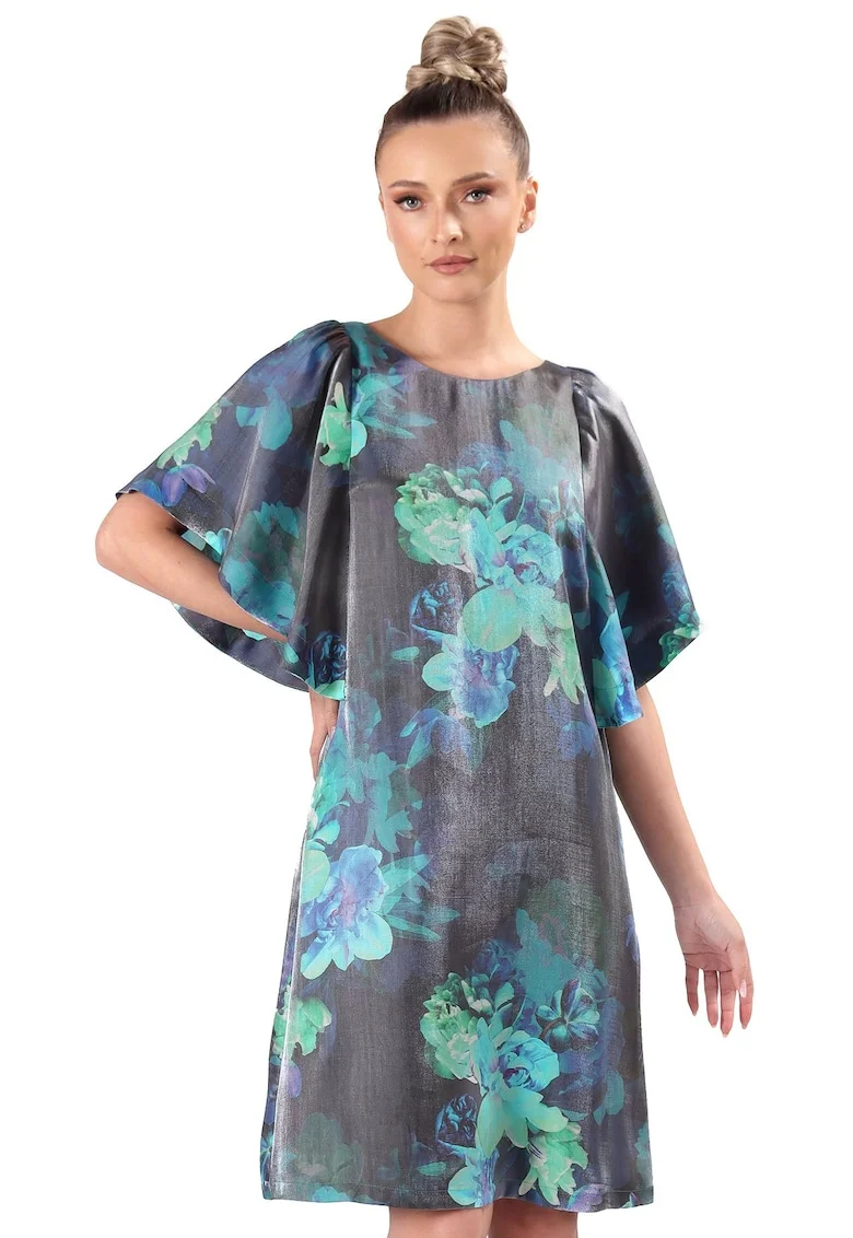 Rochie cu imprimeu si maneci tip fluture, Turcoaz