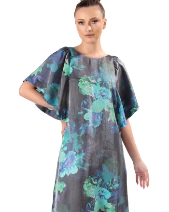 Rochie cu imprimeu si maneci tip fluture, Turcoaz