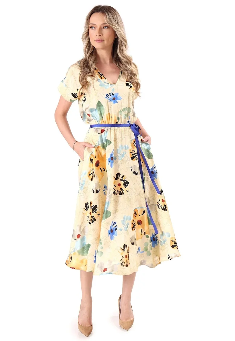 Rochie evazata cu imprimeu floral si buzunare, Galben