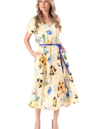Rochie evazata cu imprimeu floral si buzunare, Galben