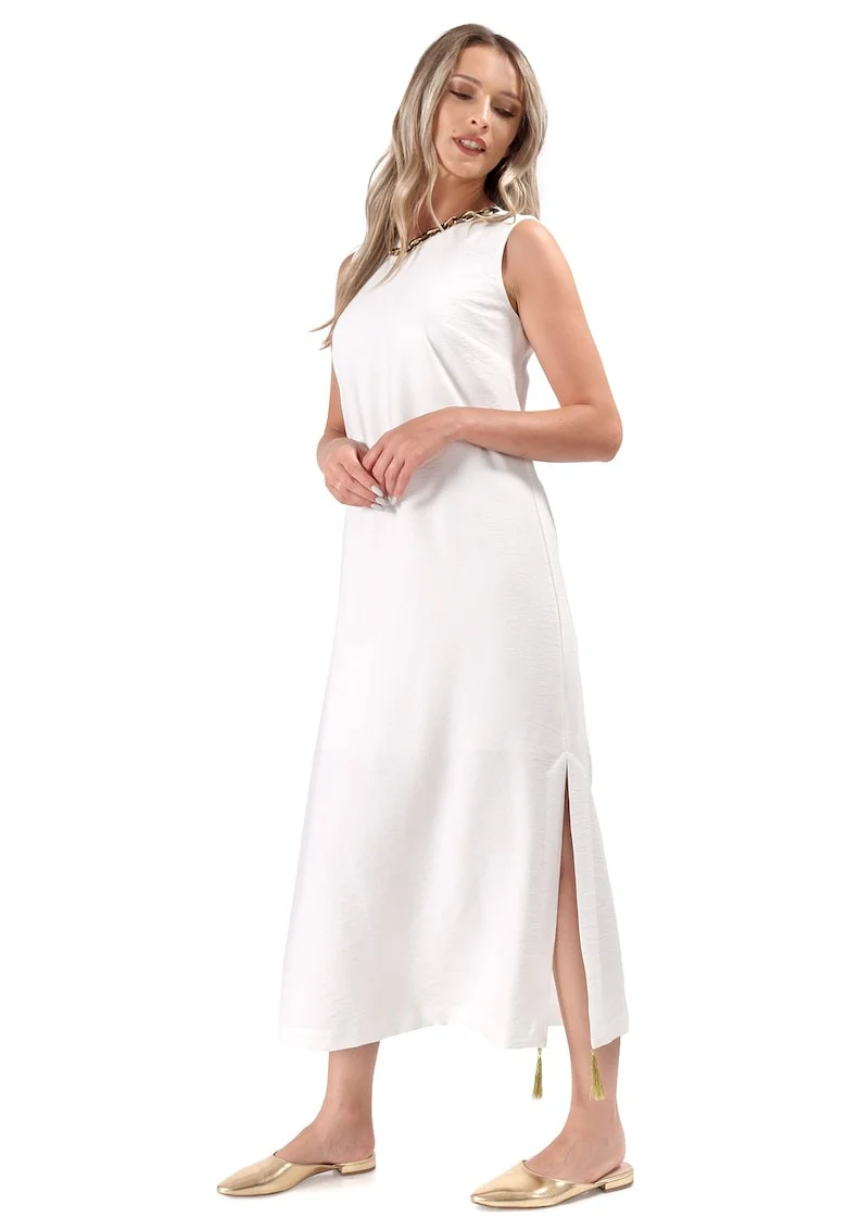 Rochie maxi cu detaliu cu lant, Alb fildes