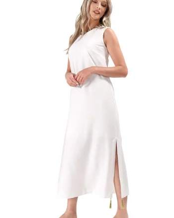 Rochie maxi cu detaliu cu lant, Alb fildes