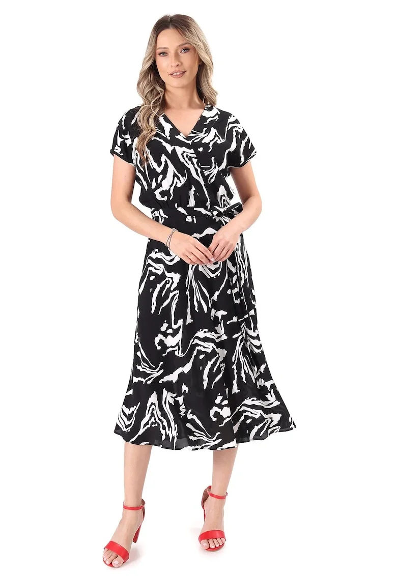 Rochie cu imprimeu si cordon in talie, Negru
