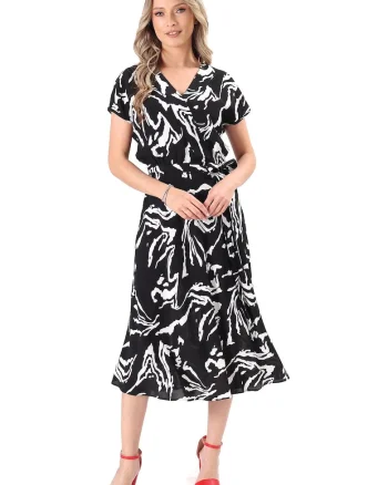 Rochie cu imprimeu si cordon in talie, Negru