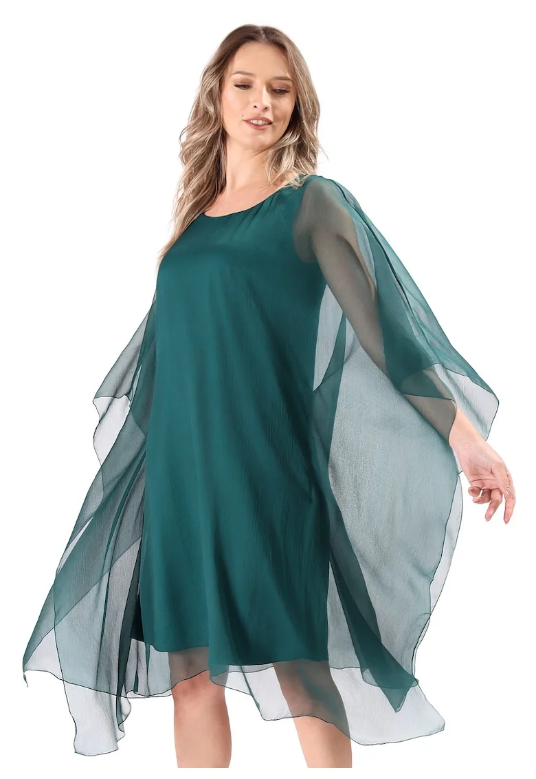 Rochie din matase cu maneci tip fluture, Verde smarald