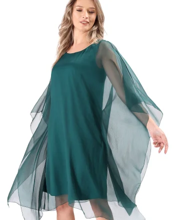 Rochie din matase cu maneci tip fluture, Verde smarald